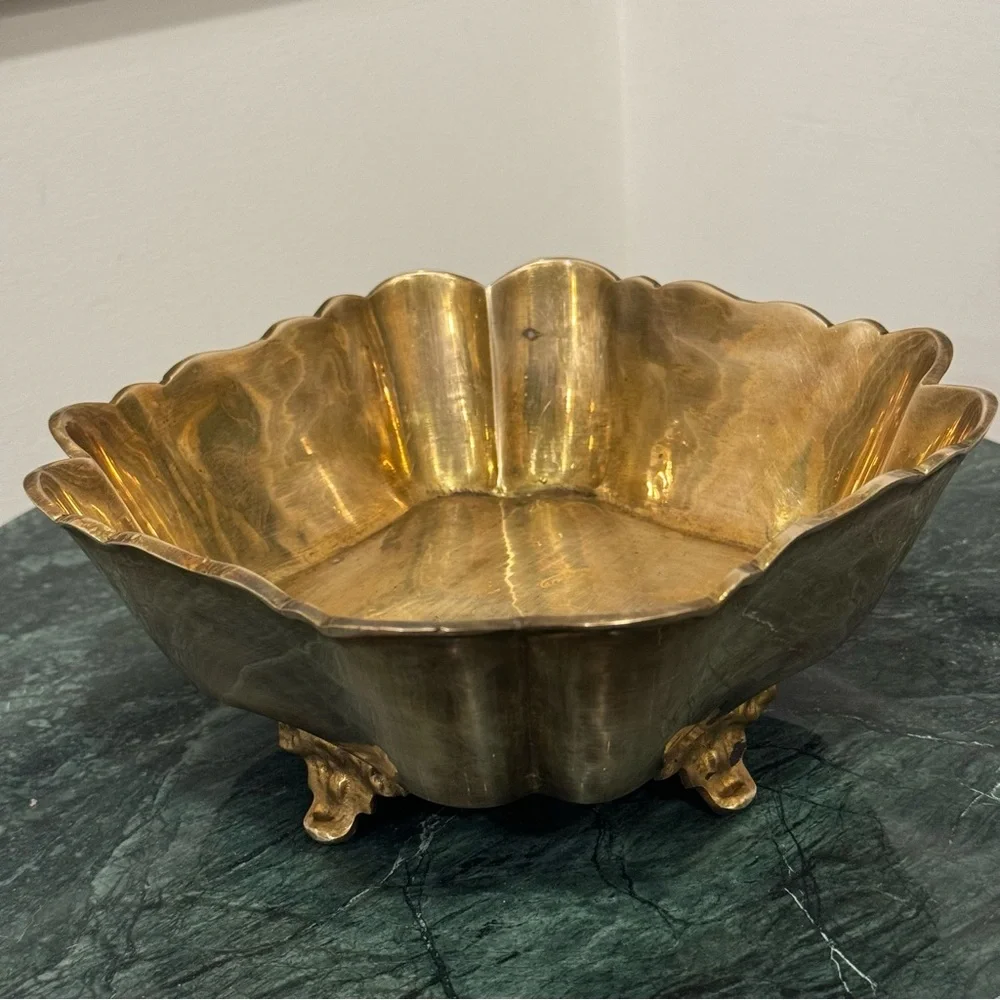 Vintage   Brass Bowl  Gold Planter Footed Dish Segmented Scalloped